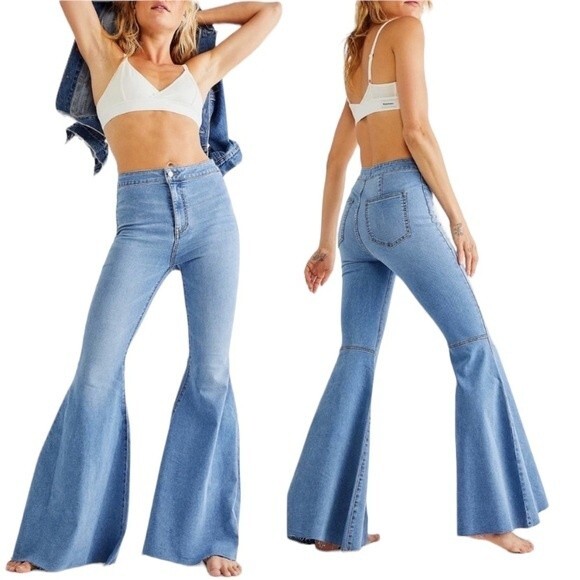 Free People Flare Float On High Rise Distressed Flare Jeans Fray Hem Retro 60's - Picture 1 of 16